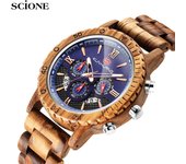 SCIONE Reloj de madera de lujo para hombre, analógico, de cuarzo, con fecha, resistente al agua, relojes de madera hechos a mano, relojes de pulsera para hombre rojo