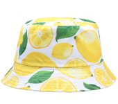 Sombreros de cubo con estampado de limones de verano para mujeres, hombres, niños, cereza, piña, gorras panamá de doble cara, sombrero de pescador de pesca Bob Sun XS blanco