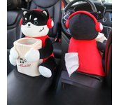 Caja de pañuelos para automóvil 2 en 1 con reposabrazos para automóvil con muñeco de peluche de dibujos animados, cajón de papel colgante, bote de basura para automóvil y soporte para pañuelos