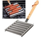 Parrilla de acero inoxidable con rodillo para salchichas, soportes para parrilla de perritos calientes, herramienta portátil antiadherente para barbacoa, ideal para camping y picnic.