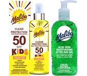 Malibu spray incoloro infantil SPF50 250ml + gel de aloe después del bronceado 200ml