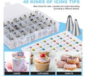 Kit de suministros para decoración de pasteles de 100 piezas con 48 puntas de glaseado 40 bolsas desechables 2 lazos para bolsas 1 bolsa de silicona azul