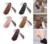 Calzador de metal y cuero con estuche - Mini sacazapatos portátil unisex con hebilla colgante negro