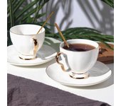Taza y plato de café blanco europeo Simple, Taza de cerámica con mango dorado de dos piezas, taza de agua, taza de leche para té de la tarde
