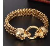 Pulsera de calavera gótica para hombre, de acero inoxidable chapado en oro de 18 quilates, con cabeza de león y lobo, brazalete para hombre, joyería punk rocker 22.5cm