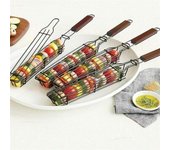 Cesta duradera para parrilla de barbacoa, cestas para barbacoa de Kebab fáciles de voltear, brochetas con mango de madera, accesorios para barbacoa de cocina 1PCS