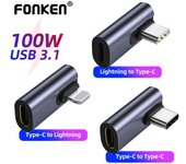 Fonken-Adaptador de codo tipo C, convertidor de 8 pines a tipo C para iPhone 13, 12, Xiaomi, teléfono móvil, tableta, adaptador USB C a Lightning Type-C to Type-C gris