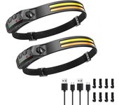 2 paquetes de linternas frontales LED para acampar y hacer senderismo, lámpara frontal con sensor de movimiento, 7 negro