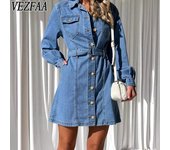 VEZFAA Vestidos casuales de cintura alta con cuello tipo polo y manga larga con estampado de colores sólidos para primavera y otoño para mujer S azul claro
