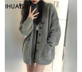 IHUASU Suéter de punto estilo perfume pequeño para mujer, chaqueta tipo cárdigan holgada con cuello en V y sensación relajada para otoño S gris