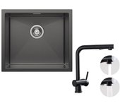 Fregadero de cocina de un seno encastrable 50×44CM acero inoxidable negro antracita, grifo mezclador de cocina extraíble con 2 funciones de chorro