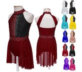 Vestido de patinaje sobre hielo con decoración de diamantes de imitación brillante para niñas, ropa de baile, sin mangas, leotardo de gimnasia para danza lírica 5-6 Years borgoña