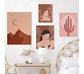 Impresión de retrato de niña bohemia, decoración, desierto, cactus, mujer, luna de medianoche, paisaje, pintura en lienzo, arte corporal femenino desnudo, mural para habitación y hogar 21x30cm No Framed