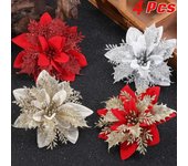 4PCS Navidad Glitter Poinsettia Flores de seda artificiales Adornos de árbol de Navidad Coronas varios colores