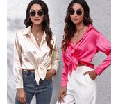 Blusa de satén de primavera y otoño, camisa de manga larga de seda de imitación para mujer, Tops holgados de talla grande en blanco y negro liso S blanco