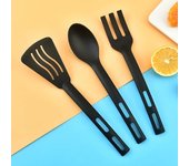 Juego de utensilios para servir, cocinar, cubiertos de cocina, cucharas, kit de silicona, espátula, vajilla portátil para acampar, cubiertos de plástico con ranuras negro