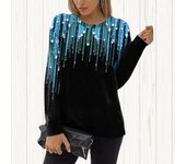 Tops de otoño para mujer, camiseta informal de manga larga con estampado de meteoritos coloridos y gato suelto, blusa superior XS azul