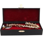 Réplica en miniatura de saxofón alto con soporte y estuche. Mini saxofón, instrumento musical, modelo para casa de muñecas.