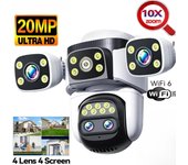 Cámara de seguridad para el hogar WiFi de 10K, cuatro lentes, cuatro pantallas, PTZ, 360°, 10X, seguimiento automático, CCTV, cámara IP de vigilancia inalámbrica de 20 MP 8K Camera