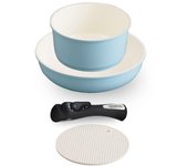 Juego de sartenes y ollas Iris Ohyama con mango extraíble, compatible con fuego de gas IH, 26 cm, almacenamiento compacto, sartén ligera de cerámica de color azul [Time