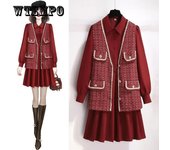 Traje Mujer Otoño Invierno Vestido Rojo Mujer Conjunto En Un Solo Vestido Chaqueta Falda XXXXL