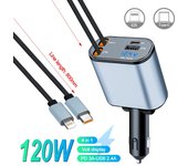 Cargador de coche PD 4 en 1 de 120 W, cargador rápido con 2 cables retráctiles tipo C, adaptador de encendedor para iPhone y Huawei.