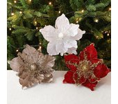 Flor artificial con purpurina para decoración de árbol de Navidad, color vibrante, aspecto realista, fácil de colgar, adorno para fiesta navideña color rosa
