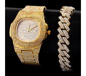 Pulsera de cadena de eslabones cubanos de estilo hip hop para hombre, con relojes de pulsera, cadena ostentosa con cristales pavimentados y diamantes de imitación