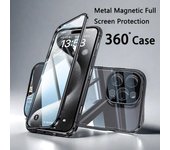 Funda magnética de metal con lente completa de 360 grados para iPhone 16, 15, 14 Plus, 13, 12, 11 Pro Max, parachoques de aluminio, cierre a presión, cubierta de vidrio de doble cara para teléfono For iPhone 15 Pro Max negro