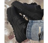 Zapatillas de piel de vaca negra de pareja coreana: Zapatos con cordones, suela gruesa, altura ajustable y modernos para hombre y mujer. 44