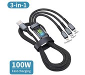 100W 5A 3 en 1 1,2 M Cable de carga rápida Micro USB tipo C Cable Lightning para iPhone Samsung Huawei Xiaomi cargador de teléfono USB C Cable de datos 1.2M negro