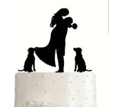 2 piezas de adorno para tarta de bodas: la novia sostiene al novio con flores además de la silueta de los perros. (Negro) 1 set