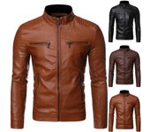 Chaqueta de cuero de motocicleta con cuello alto informal para hombre de invierno XL café