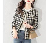 Chaqueta de mujer de tweed a cuadros blancos y negros de primavera e invierno en tallas grandes XXXL