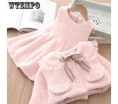 Traje de vestir rosa para niña, abrigo de visón + vestido de princesa, conjunto de dos piezas, mantiene el calor, dulce y encantadora, corte en A, Otoño e Invierno 90 color rosa