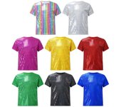 Camiseta de lentejuelas de manga corta para niños y niñas, camisetas brillantes para baile de jazz, ropa de hip hop, uniforme de animadora, disfraz de fiesta de discoteca de los años 70 plata