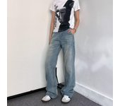 Pantalones vaqueros de color claro lavados de estilo urbano americano para hombre y mujer, de pierna recta, ligeramente acampanados, holgados y de pierna ancha, para otoño e invierno. S azul