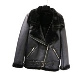 Chaqueta de cuero con solapa integrada de piel 2024 otoño e invierno chaqueta de cuero polar para mujer chaqueta locomotora S negro