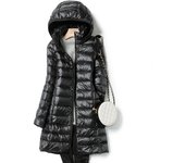 Parka con capucha ajustada para mujer, moda coreana, abrigo de invierno, chaqueta de plumas, abrigo largo, ligero y fino XL negro