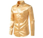 Camisa de satén similar a la seda para hombre, camisa de vestir informal ajustada de manga larga, camisas formales de negocios con botones de solapa de Color sólido elegante S blanco