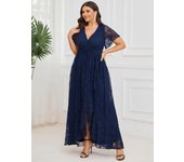 Ever-Pretty Vestidos de noche de línea A con cuello en V profundo y mangas cortas transparentes para mujer, talla grande S azul marino