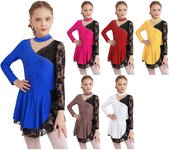 Vestido de baile elegante para niñas, vestido de retazos de encaje de manga larga para patinaje y danza lírica 5-6 Years azul royal