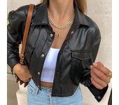 Chaqueta corta de cuero blanca estilo europeo y americano para mujer (2024) - Parte superior negra L negro