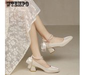 Zapatos de boda rojos gruesos con cabeza cuadrada, tacones altos, zapatos individuales para mujer, zapatos de novia blancos con dos lazos y perlas 35 negro