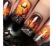 Juego de 24 uñas postizas para Halloween: cuadrados medianos brillantes, colores mezclados y diseños de llamas para una manicura festiva
