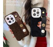 Correa de muñeca con flores y perlas, funda trasera de piel cálida para iPhone 15, 14, 13, 12 y 11 Pro Max, protección de lente, fundas de felpa de color sólido, nuevas iPhone 15 Pro Max
