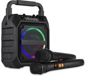 Mini máquina de karaoke con micrófono inalámbrico y altavoz, con 2 micrófonos y luz LED de color de mano negro