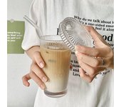 Vaso de vidrio a rayas de 375 ml con tapa y pajita, estilo japonés, elegante, para beber, leche, café, té, regalos de cumpleaños, vasos de whisky 301-400ml