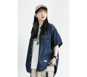 Camisa vaquera holgada de manga corta de marca de moda retro japonesa de verano, camisa de trabajo artística juvenil, chaqueta de capas para hombre y mujer M azul oscuro