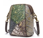 Bolso para teléfono móvil de estilo étnico retro, minibolso cruzado de piel de vaca con capa para la cabeza, bolso de cosméticos con empalme de cuero genuino para mujer